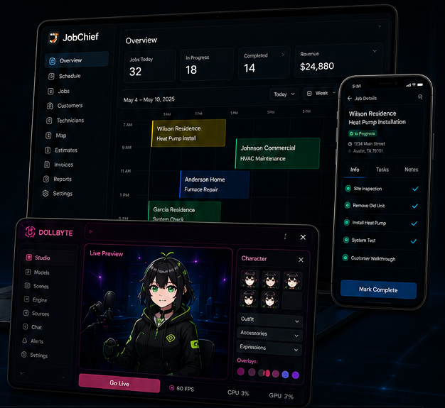 JobChief contractor dashboard, mobile job checklist, and Dollbyte VTuber studio interface